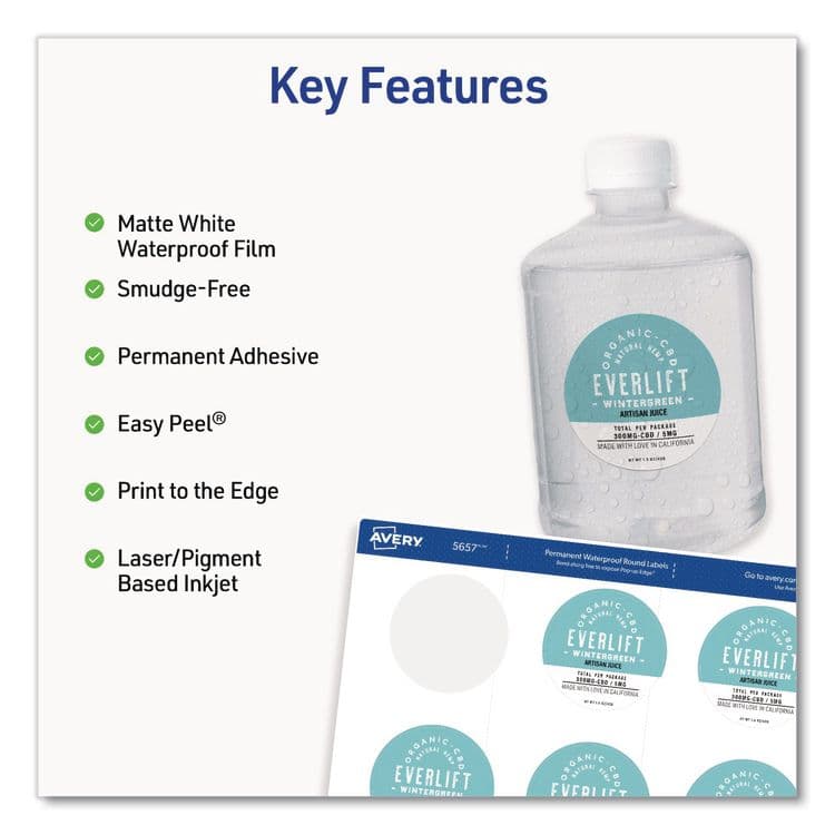 AVERY PRODUCTS CORPORATION Waterproof Round Labels with Sure Feed Technology, Laser/Pigment-Based Inkjet, 2" dia, Matte White, 12/Sheet, 8 Sheets/Pack (AVE05657) thumbnail 2
