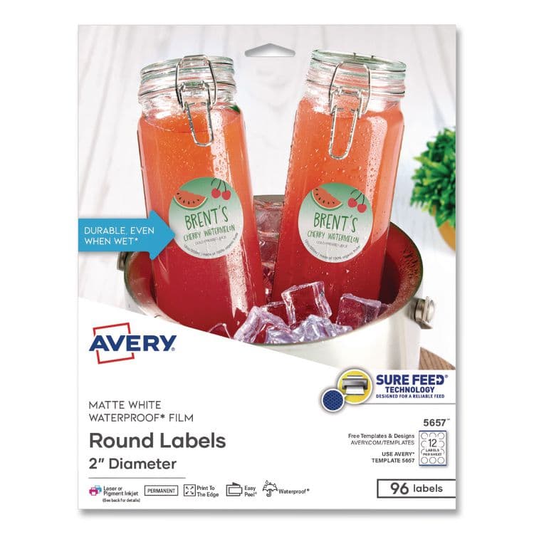 AVERY PRODUCTS CORPORATION Waterproof Round Labels with Sure Feed Technology, Laser/Pigment-Based Inkjet, 2" dia, Matte White, 12/Sheet, 8 Sheets/Pack (AVE05657)