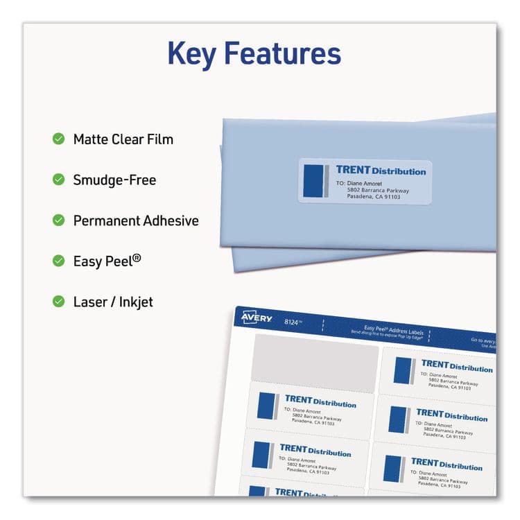 AVERY PRODUCTS CORPORATION Matte Clear Address Labels with Sure Feed Technology, Inkjet/Laser, 1.33 x 4, 14/Sheet, 10 Sheets/Pack (AVE08124) thumbnail 2