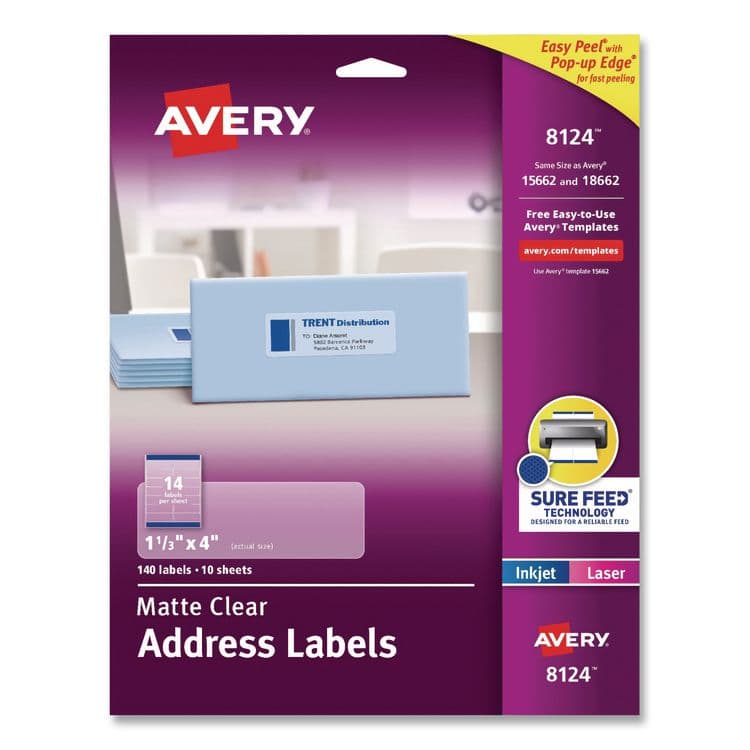 AVERY PRODUCTS CORPORATION Matte Clear Address Labels with Sure Feed Technology, Inkjet/Laser, 1.33 x 4, 14/Sheet, 10 Sheets/Pack (AVE08124)