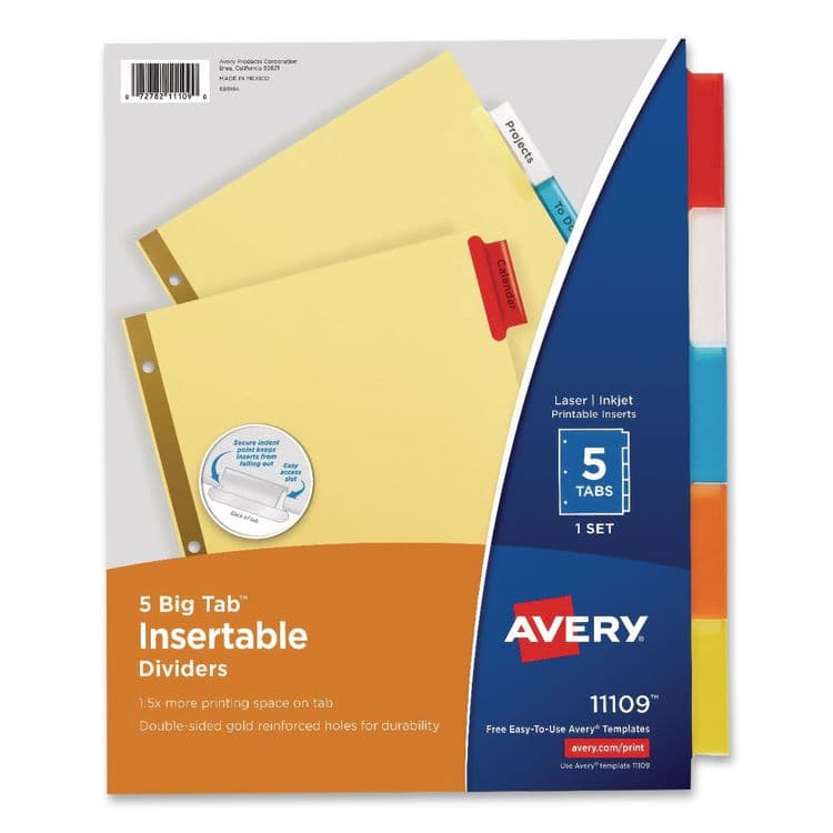 AVERY PRODUCTS CORPORATION Insertable Big Tab Dividers, 5-Tab, Double-Sided Gold Edge Reinforcing, 11 x 8.5, Buff, Assorted Tabs, 48 Sets/Carton (AVE11109CT)