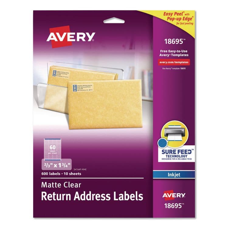 AVERY PRODUCTS CORPORATION Easy Peel Return Address Labels with Sure Feed Technology, Inkjet, 0.66 x 1.75, Matte Clear, 60/Sheet, 10 Sheets/Pack (AVE18695)