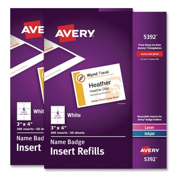 AVERY PRODUCTS CORPORATION Name Badge Insert Refills, Horizontal, 3 x 4, White, 600/Pack (AVE35392)