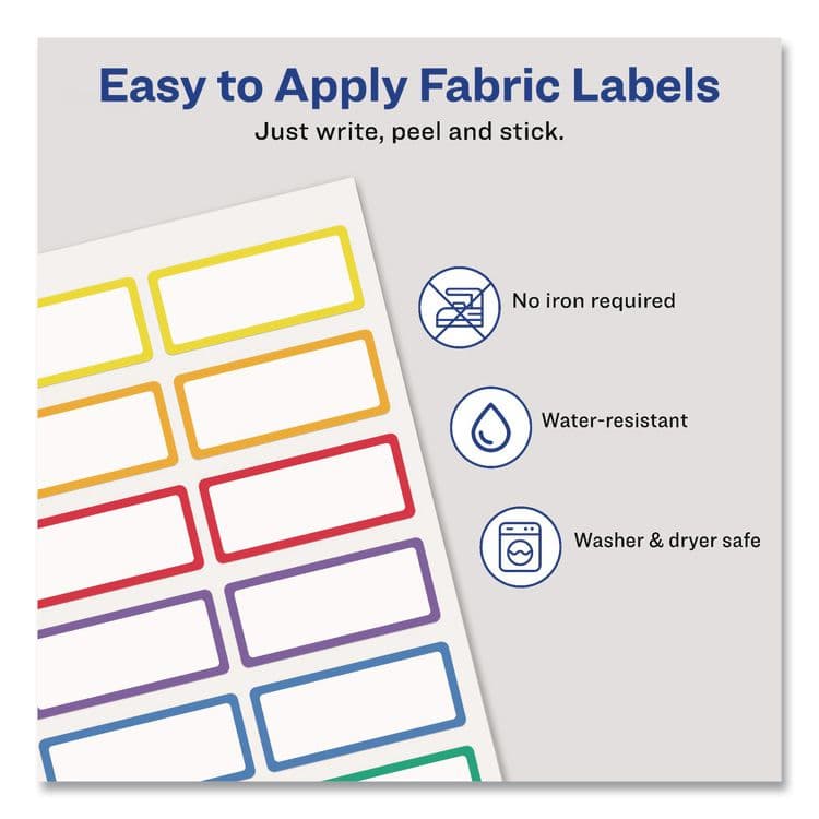 AVERY PRODUCTS CORPORATION No-Iron Fabric Labels, Rainbow Border, Handwrite Only, 0.75 x 1.75, White, 12/Sheet, 2 Sheets/Pack (AVE40706) thumbnail 4