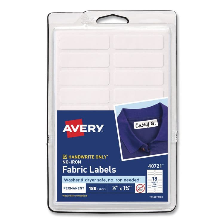 AVERY PRODUCTS CORPORATION No-Iron Fabric Labels, Handwrite Only, 0.5 x 1.75, White, 18/Sheet, 10 Sheets/Pack (AVE40721)