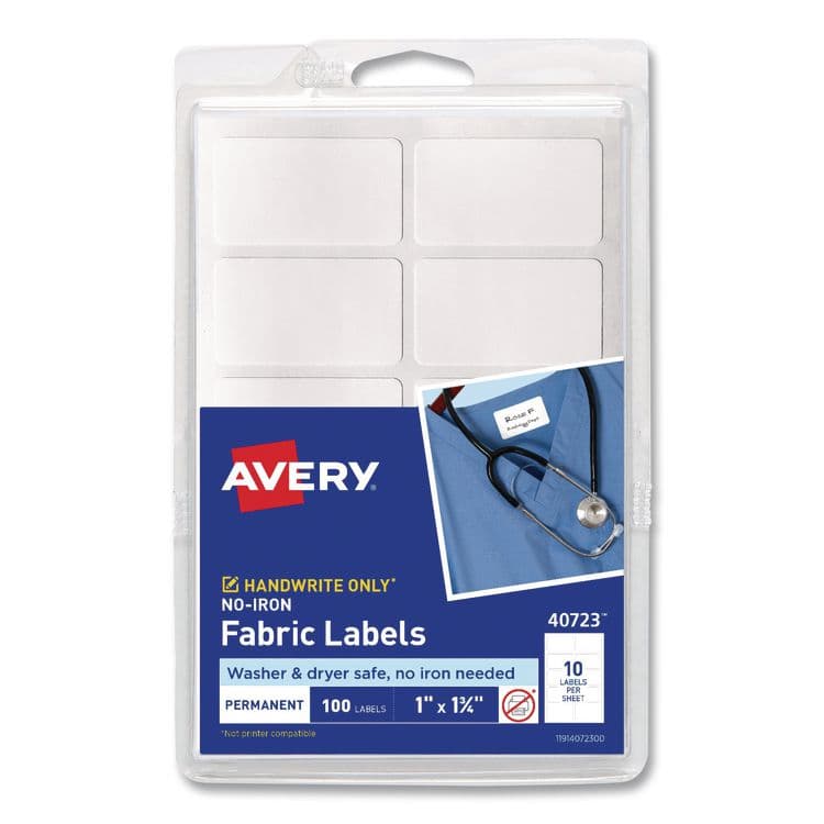 AVERY PRODUCTS CORPORATION No-Iron Fabric Labels, Handwrite Only, 1 x 1.75, White, 10/Sheet, 10 Sheets/Pack (AVE40723)