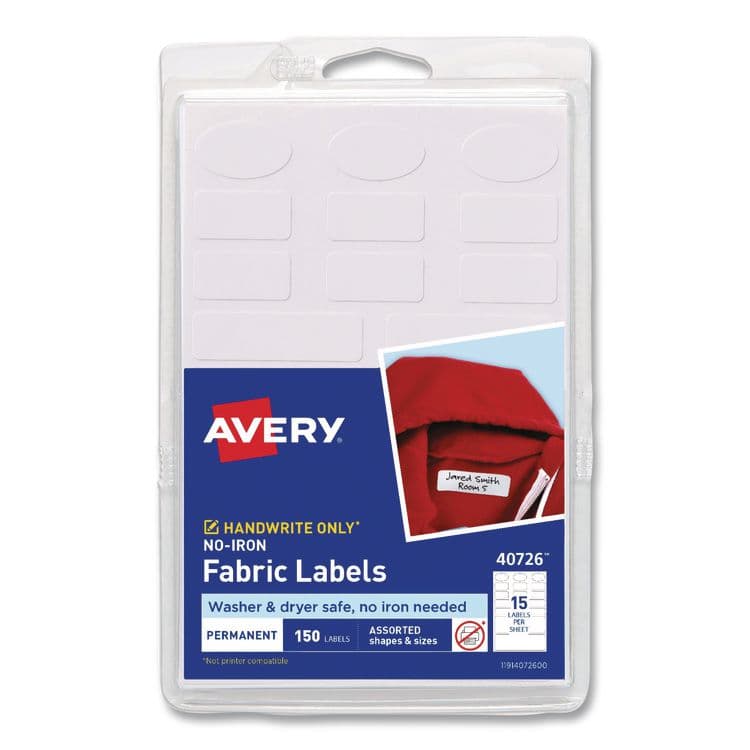 AVERY PRODUCTS CORPORATION No-Iron Fabric Labels, Handwrite Only, Assorted Shapes and Sizes, White, 15/Sheet, 10 Sheets/Pack (AVE40726)
