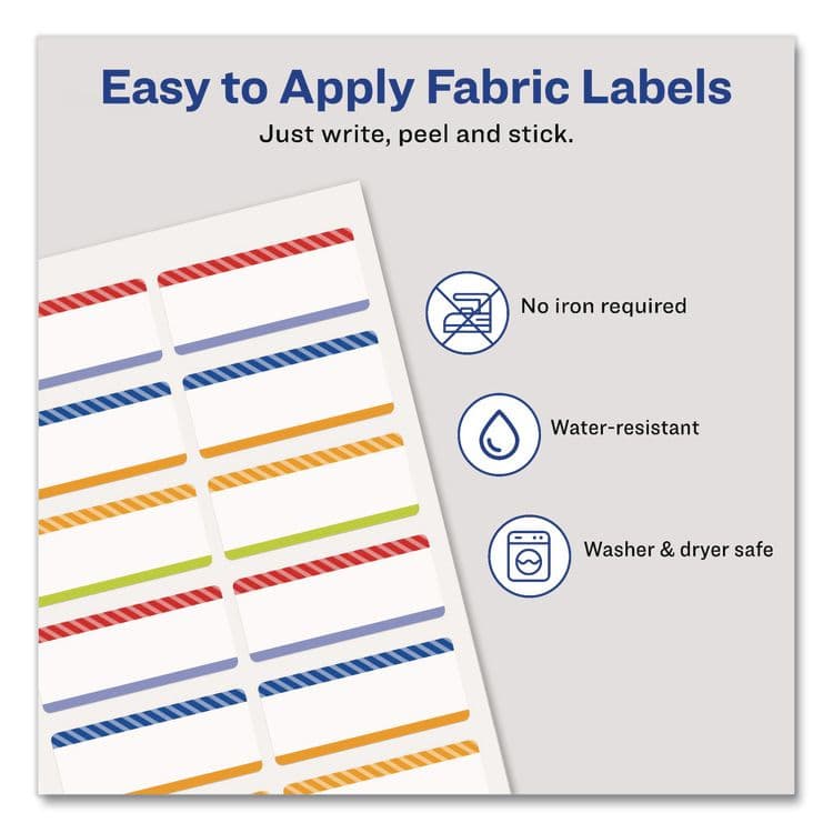 AVERY PRODUCTS CORPORATION No-Iron Fabric Labels, Multicolored Border, Handwrite Only, 0.75 x 1.75, White, 12/Sheet, 2 Sheets/Pack (AVE40774) thumbnail 4