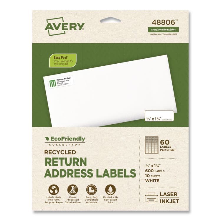AVERY PRODUCTS CORPORATION EcoFriendly Recycled Return Address Labels, Inkjet/Laser, 0.66 x 1.75, White, 60/Sheet, 10 Sheets/Pack (AVE48806)