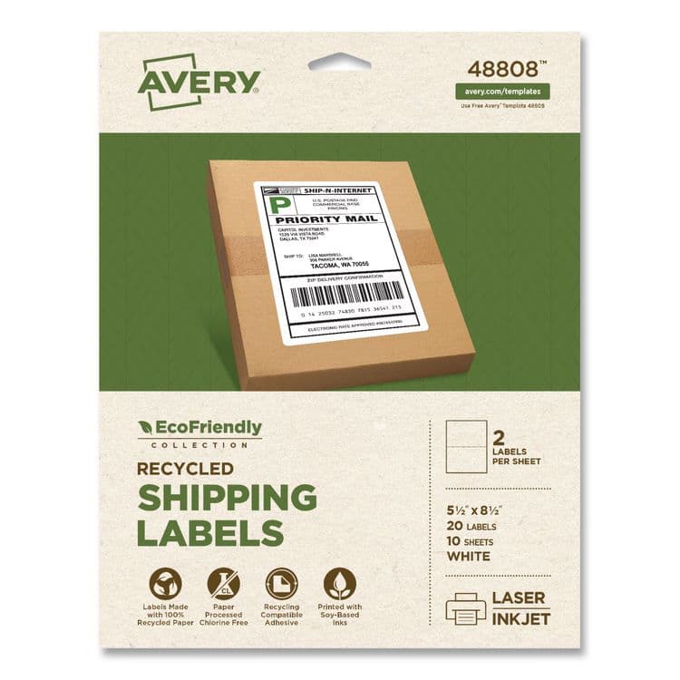 AVERY PRODUCTS CORPORATION EcoFriendly Recycled Shipping Labels, Inkjet/Laser, 5.5 x 8.5, White, 2/Sheet, 10 Sheets/Pack (AVE48808)