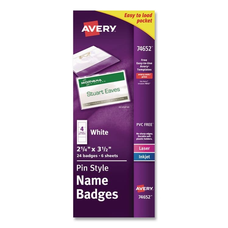 AVERY PRODUCTS CORPORATION Pin-Style Badge Holder with Laser/Inkjet Insert, Top Load, 3.5 x 2.25, White, 24/Pack (AVE74652PK)
