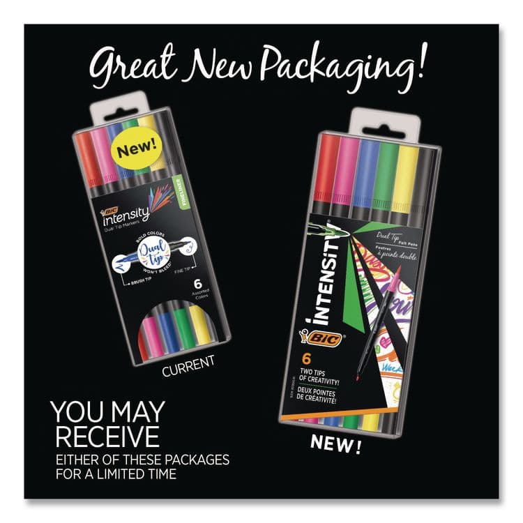 BIC CORP. Intensity Fineliner Dual Tip Felt Pen, Stick, Fine 0.7 mm Bullet, Pressure-Sensitive Brush, Assorted Ink/Barrel Colors, 6/PK (BICFPINDP61AST) thumbnail 3