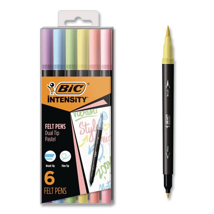 BIC CORP. Intensity Fineliner Dual Tip Felt Pen, Stick, Fine 0.7 mm Bullet, Variable Brush, Assorted Pastel Ink/Barrel Colors, 6/Pack (BICFPPDT6AST)