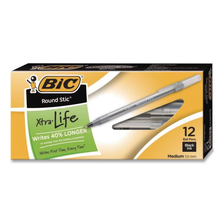 BIC CORP. Round Stic Grip Xtra Comfort Ballpoint Pen, Easy-Glide System, Stick, Medium 1.2 mm, Black Ink, Silver-Gray Barrel, Dozen (BICGSMG11BKCT) thumbnail 2