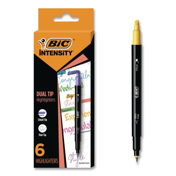 BIC CORP. Intensity Dual-Tip Highlighters, Assorted Ink Colors, Chisel/Needle Tips, Black Barrel, 6/Pack (BICHLPDT6AST)