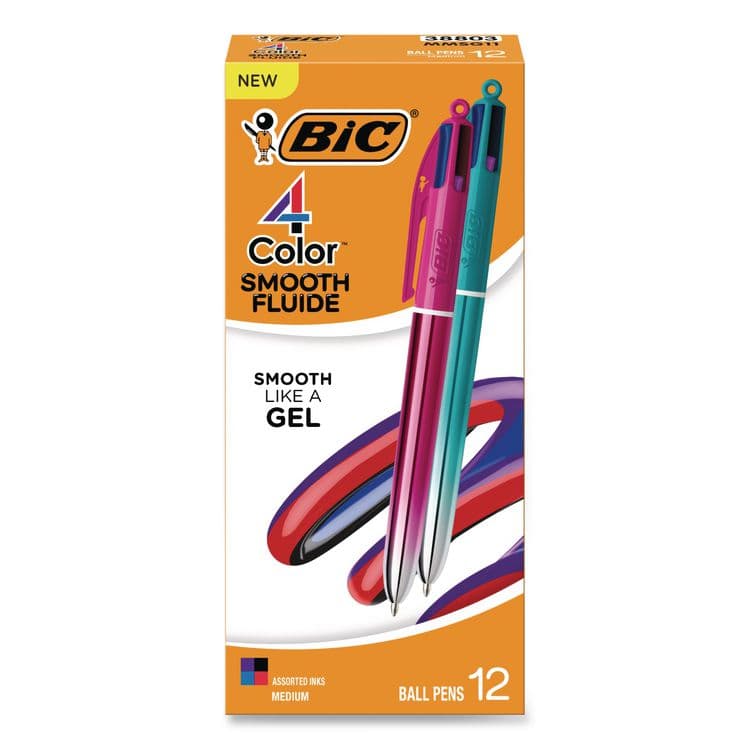 BIC CORP. 4-Color Smooth Multi-Color Ballpoint Pen, Retractable, Medium 1mm, Black/Blue/Purple/Red Ink, Assorted Barrel Colors, 12/Pack (BICMMSG11AST)