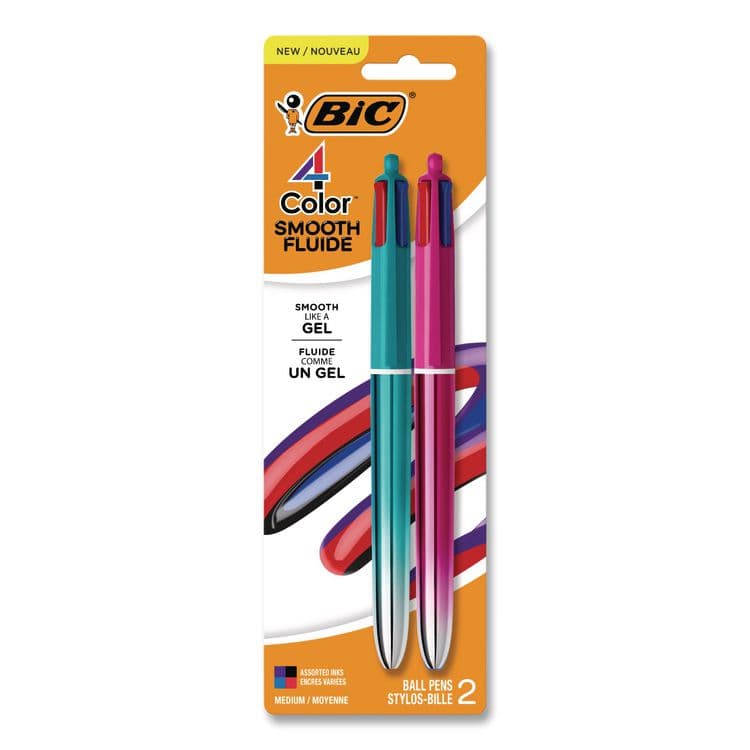 BIC CORP. 4-Color Smooth Multi-Color Ballpoint Pen, Retractable, Medium 1 mm, Black/Blue/Purple/Red Ink, Assorted Barrel Colors, 2/Pack (BICMMSGP2AST)