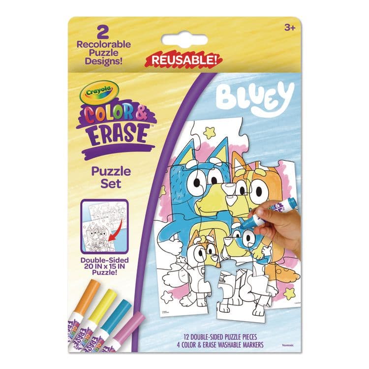 BINNEY & SMITH / CRAYOLA Bluey Color and Erase Reusable Puzzle Set with (12) Two-Sided Puzzle Pieces and (4) Markers, Ages 3 and Up, 16 Pieces (CYO811552)