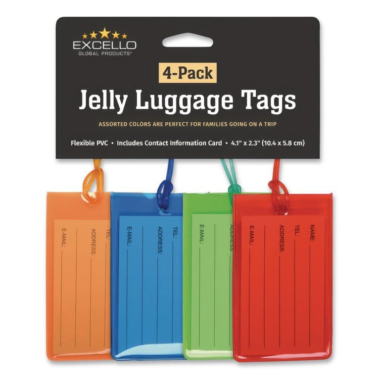 EXCELLO GLOBAL PRODUCTS Luggage Tags 4.1 x 2.3, PVC, Assorted Colors, 4/Pack (EXOSPLSTRVL0002) thumbnail 4