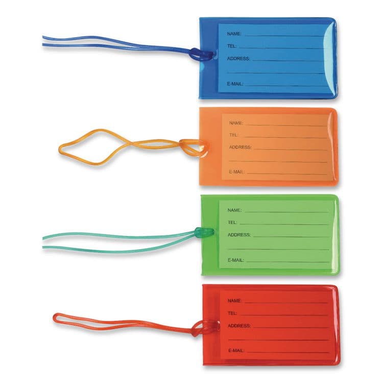 EXCELLO GLOBAL PRODUCTS Luggage Tags 4.1 x 2.3, PVC, Assorted Colors, 4/Pack (EXOSPLSTRVL0002)