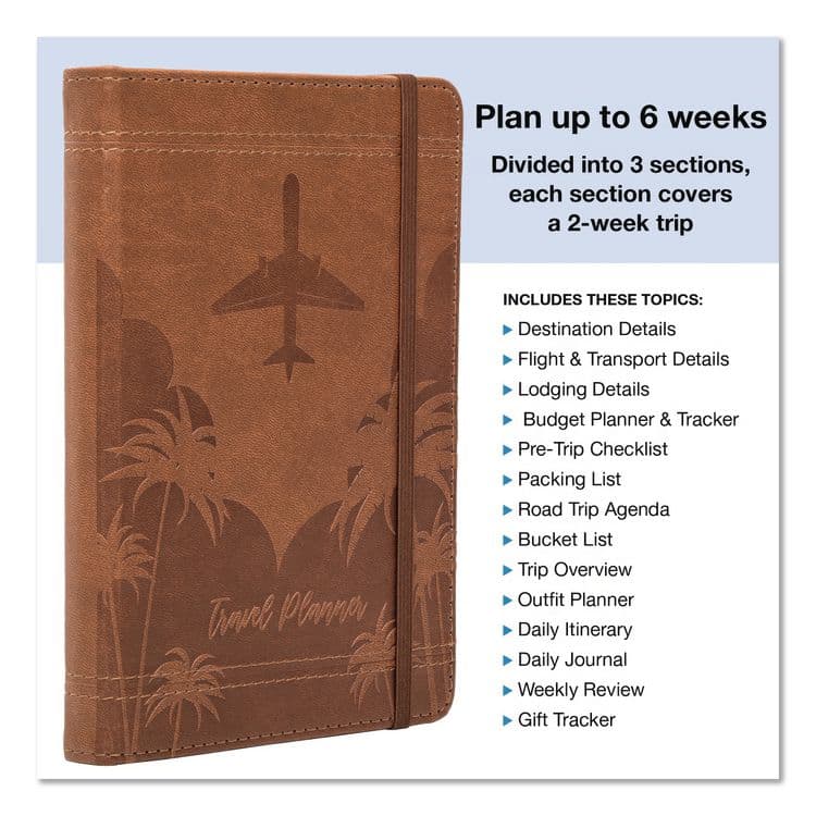 EXCELLO GLOBAL PRODUCTS Travel Planner, Three Two Week Trips: 14 Subsections/Trip, Tropical Flight Artwork, 7 x 5, Distressed Brown Cover, Undated (GPUGPP0119A) thumbnail 3