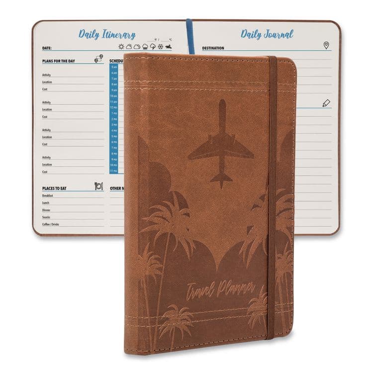 EXCELLO GLOBAL PRODUCTS Travel Planner, Three Two Week Trips: 14 Subsections/Trip, Tropical Flight Artwork, 7 x 5, Distressed Brown Cover, Undated (GPUGPP0119A)