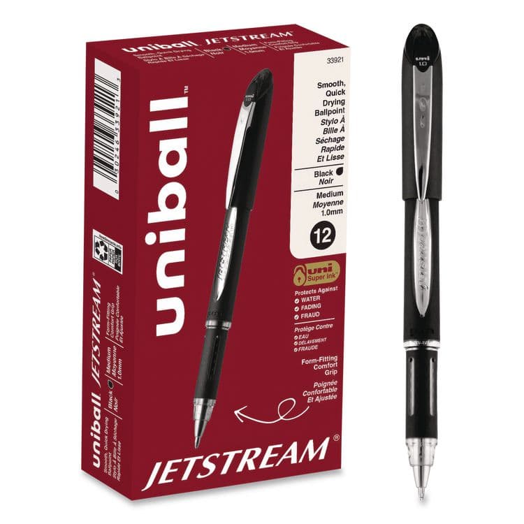 UNI Jetstream Form-Fitting Comfort Grip Hybrid Gel Pen, Stick, Medium 1 mm, Black Ink, Black/Silver Barrel, Dozen (UBC33921DZ)