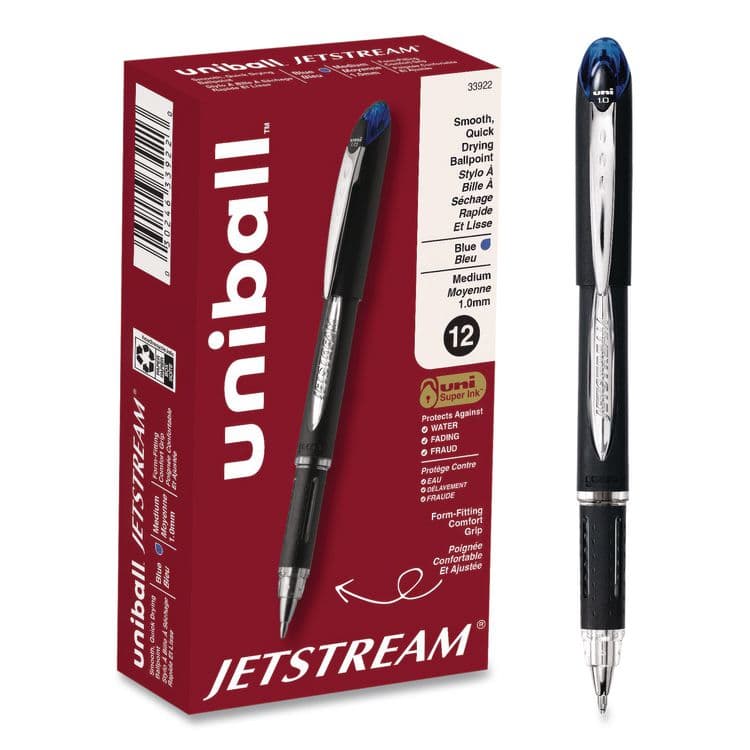 UNI Jetstream Form-Fitting Comfort Grip Hybrid Gel Pen, Stick, Medium 1 mm, Blue Ink, Black/Silver/Blue Barrel, Dozen (UBC33922DZ)