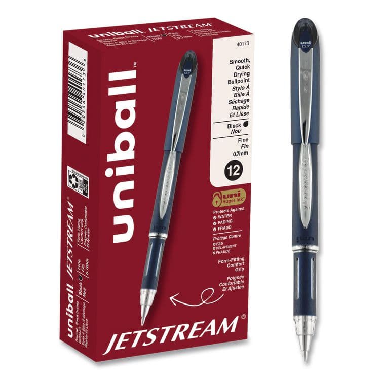 UNI Jetstream Form-Fitting Comfort Grip Hybrid Gel Pen, Stick, Fine 0.7 mm, Black Ink, Black/Silver Barrel, Dozen (UBC40173DZ)