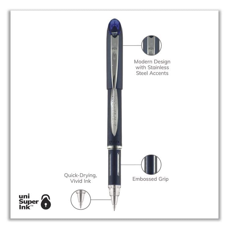 UNI Jetstream Form-Fitting Comfort Grip Hybrid Gel Pen, Stick, Fine 0.7 mm, Blue Ink, Black/Silver/Blue Barrel, Dozen (UBC40174DZ) thumbnail 3