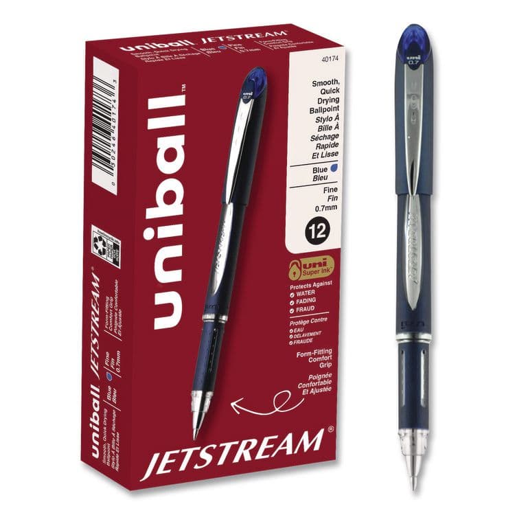 UNI Jetstream Form-Fitting Comfort Grip Hybrid Gel Pen, Stick, Fine 0.7 mm, Blue Ink, Black/Silver/Blue Barrel, Dozen (UBC40174DZ)