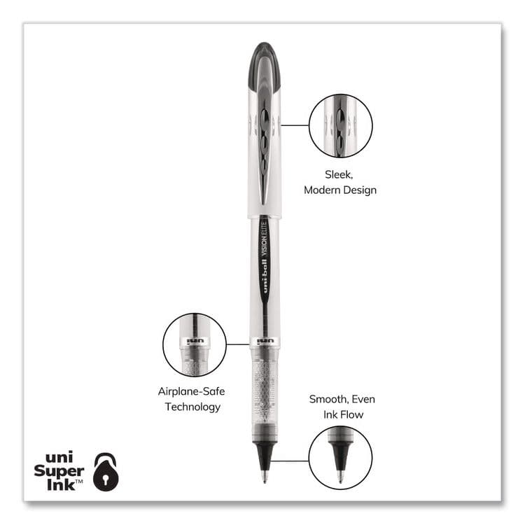 UNI VISION ELITE Rollerball Pen, Stick, Bold 0.8 mm, Black Ink, White/Black/Clear Barrel, Dozen (UBC61231DZ) thumbnail 3