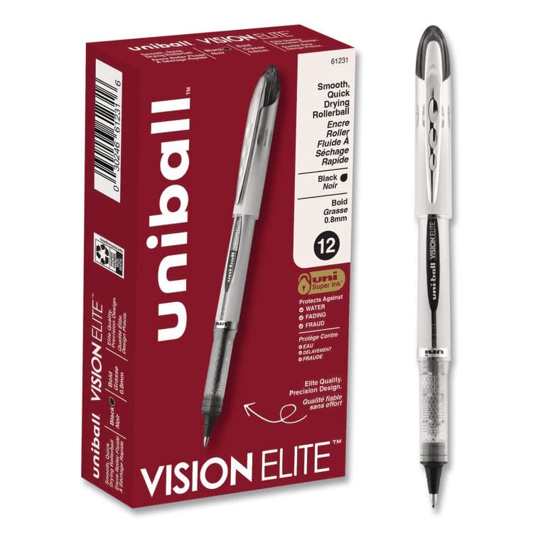 UNI VISION ELITE Rollerball Pen, Stick, Bold 0.8 mm, Black Ink, White/Black/Clear Barrel, Dozen (UBC61231DZ)