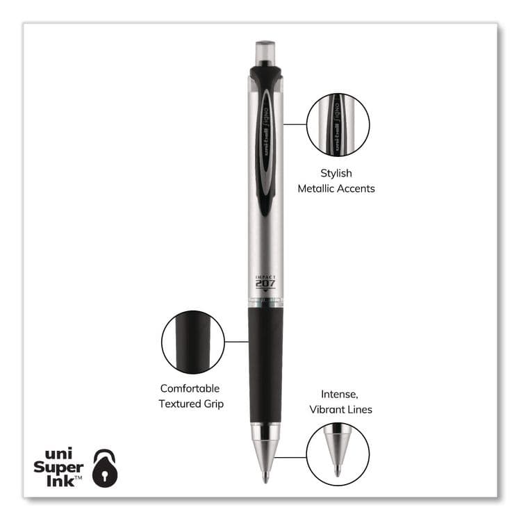 UNI 207 Impact RT Gel Pen, Retractable, Bold 1 mm, Black Ink, Black Barrel, Dozen (UBC65870DZ) thumbnail 3