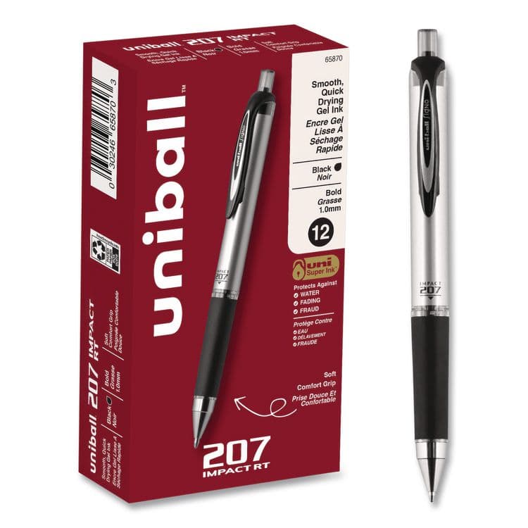 UNI 207 Impact RT Gel Pen, Retractable, Bold 1 mm, Black Ink, Black Barrel, Dozen (UBC65870DZ)