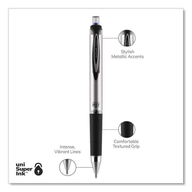 UNI 207 Impact RT Gel Pen, Retractable, Bold 1 mm, Blue Ink, Black/Blue Barrel, Dozen (UBC65871DZ) thumbnail 3