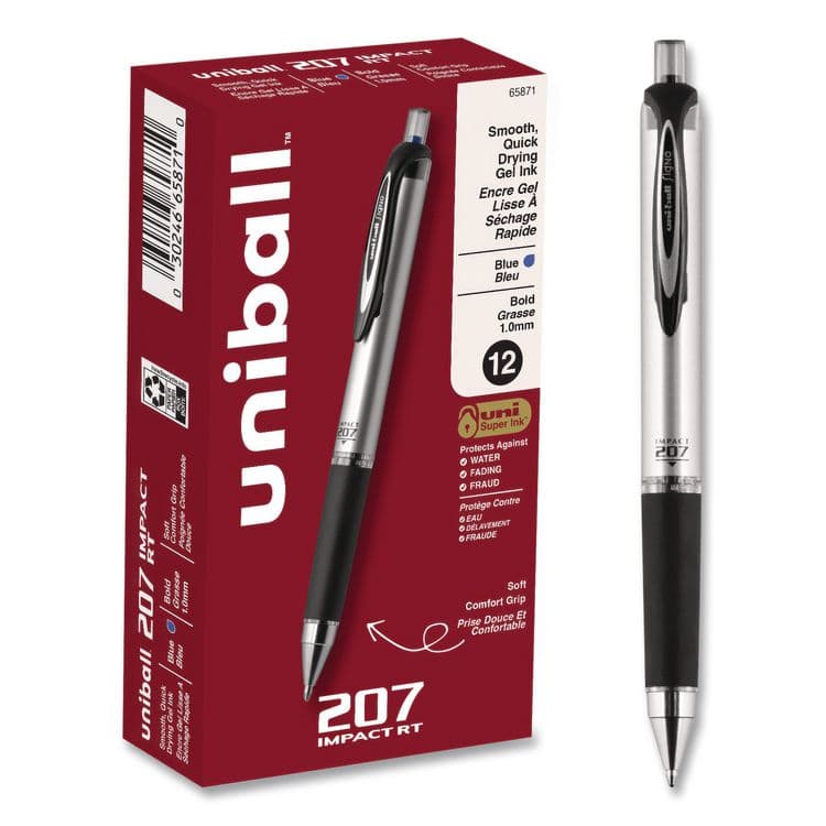 UNI 207 Impact RT Gel Pen, Retractable, Bold 1 mm, Blue Ink, Black/Blue Barrel, Dozen (UBC65871DZ)