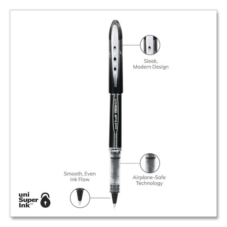 UNI VISION ELITE Rollerball Pen, Stick, Micro 0.5 mm, Black Ink, Black/Clear Barrel, Dozen (UBC69000DZ) thumbnail 3