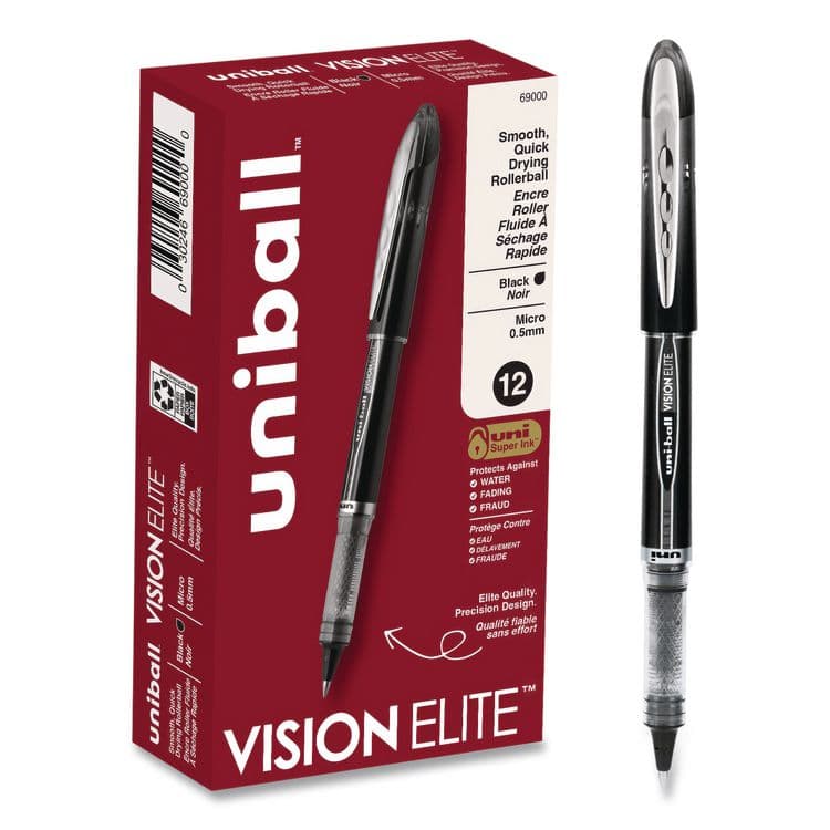 UNI VISION ELITE Rollerball Pen, Stick, Micro 0.5 mm, Black Ink, Black/Clear Barrel, Dozen (UBC69000DZ)