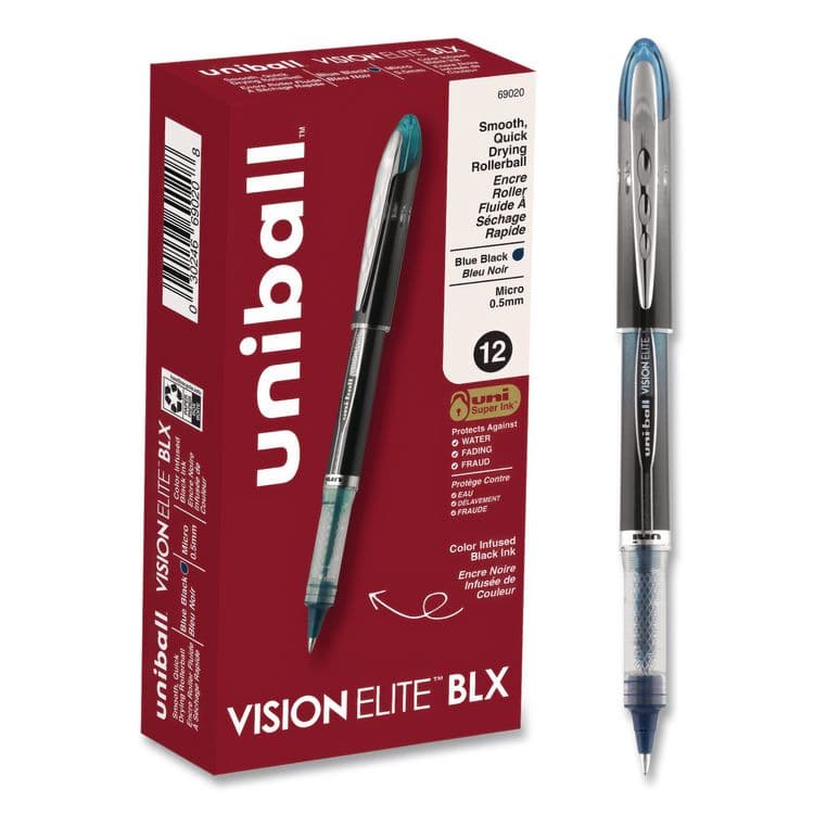 UNI VISION ELITE BLX Series Rollerball Pen, Stick, Micro 0.5 mm, Blue-Infused Black Ink, Gray/Blue/Clear Barrel, Dozen (UBC69020DZ)