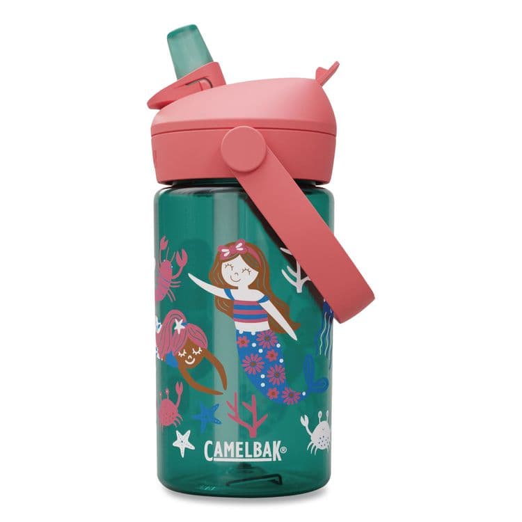 CAMELBAK Thrive FlipStraw Plastic Water Bottle, 14 oz, Mermaid Friends Design, Green/Coral (WLB2860305041)