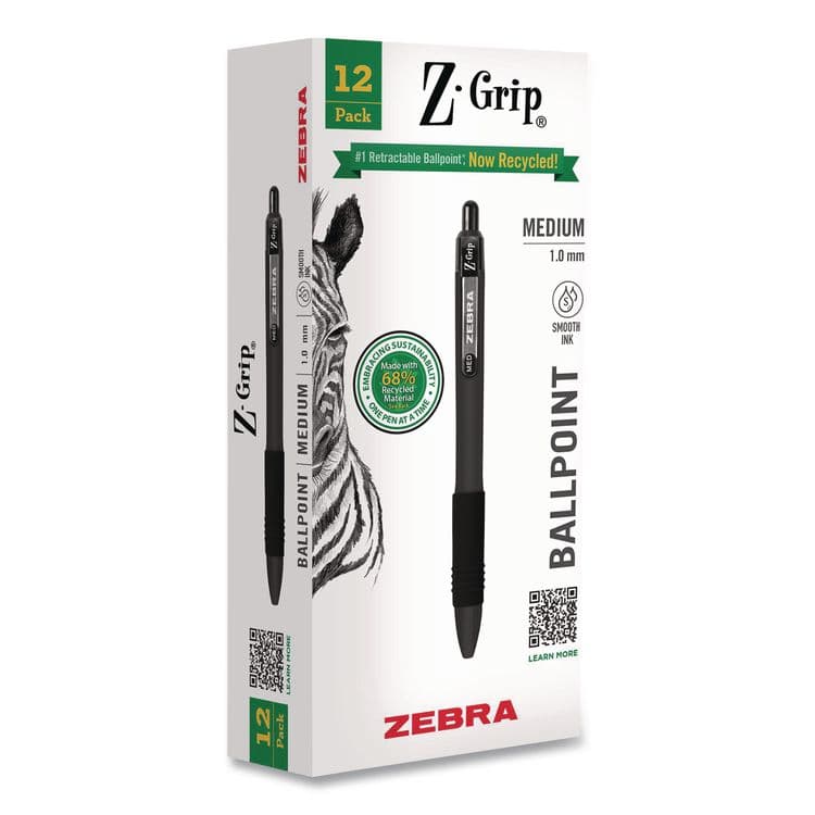 ZEBRA PEN CORP. Z-Grip Recycled Retractable Ballpoint Pen, Medium 1 mm, Black Ink, Black Barrel, Dozen (ZEB20610)