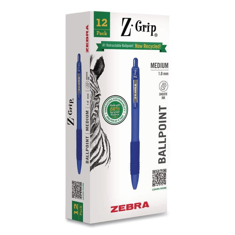ZEBRA PEN CORP. Z-Grip Recycled Retractable Ballpoint Pen, Medium 1 mm, Blue Ink, Blue Barrel, Dozen (ZEB20620)