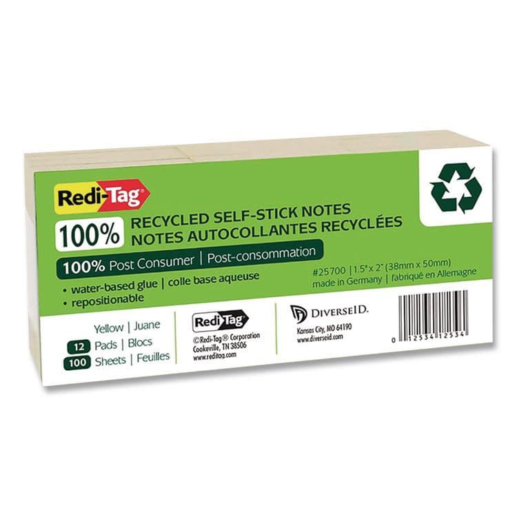 REDI-TAG CORPORATION 100% Recycled Self-Stick Notes, 1.5" x 2", Yellow, 100 Sheets/Pad, 12 Pads/Pack (RTG25700) thumbnail 2