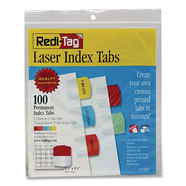 REDI-TAG CORPORATION Laser Printable Index Tabs, 1/5-Cut, Assorted Colors, 1.13" Wide, 100/Pack (RTG33120)