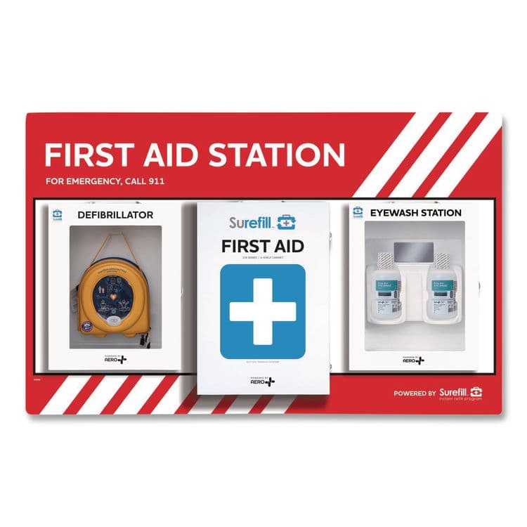 AERO HEALTHCARE First Aid Station - First Aid, Eyewash, AED 350P, 4 Pieces, Metal Case (AOHSFFASP1)