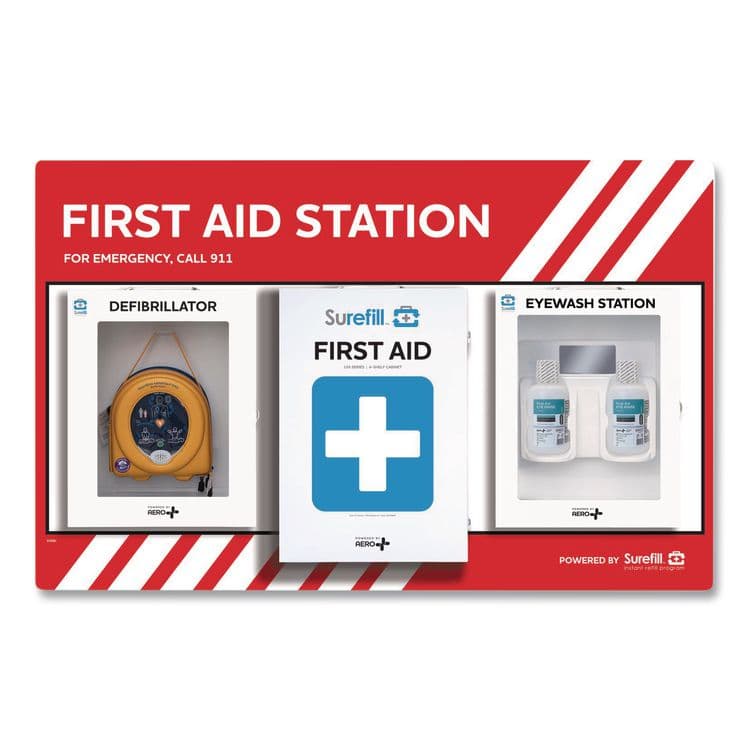 AERO HEALTHCARE First Aid Station - First Aid, Eyewash, AED 450P, 4 Pieces, Metal Case (AOHSFFASP3)