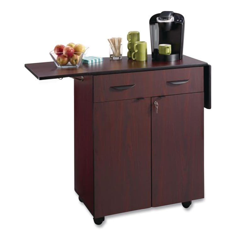 SAFCO PRODUCTS Hospitality Cart with Drop Leaves, Engineered Wood, 3 Shelves, 1 Drawer, 32.5" to 56.25" x 20.5" x 38.75", Mahogany (SAF8962MH) thumbnail 2