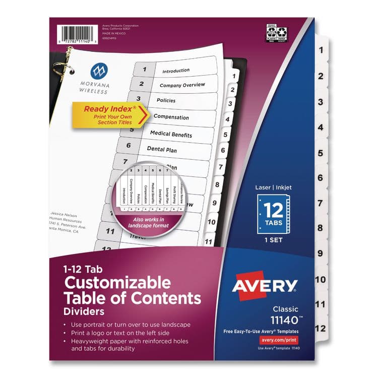 AVERY PRODUCTS CORPORATION Customizable TOC Ready Index Black and White Dividers, 12-Tab, 1 to 12, 11 x 8.5, 1 Set (AVE11140)