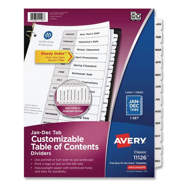 AVERY PRODUCTS CORPORATION Customizable TOC Ready Index Black and White Dividers, 12-Tab, Jan. to Dec., 11 x 8.5, 1 Set (AVE11126)